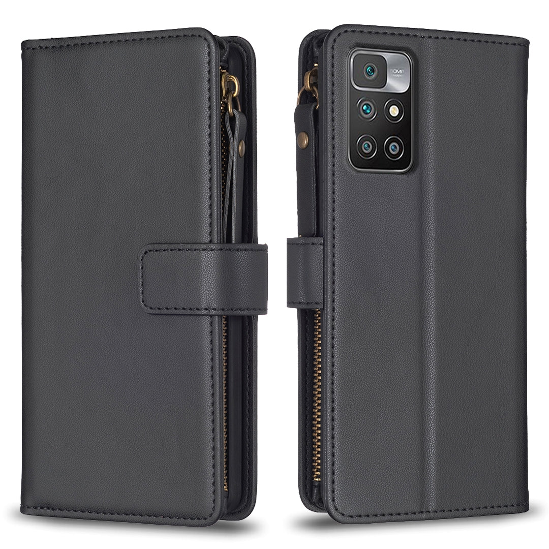 Xiaomi Redmi 10 Leather Flip Phone Case with Zipper Wallet and 9 Card Slots, Durable PU + TPU Material