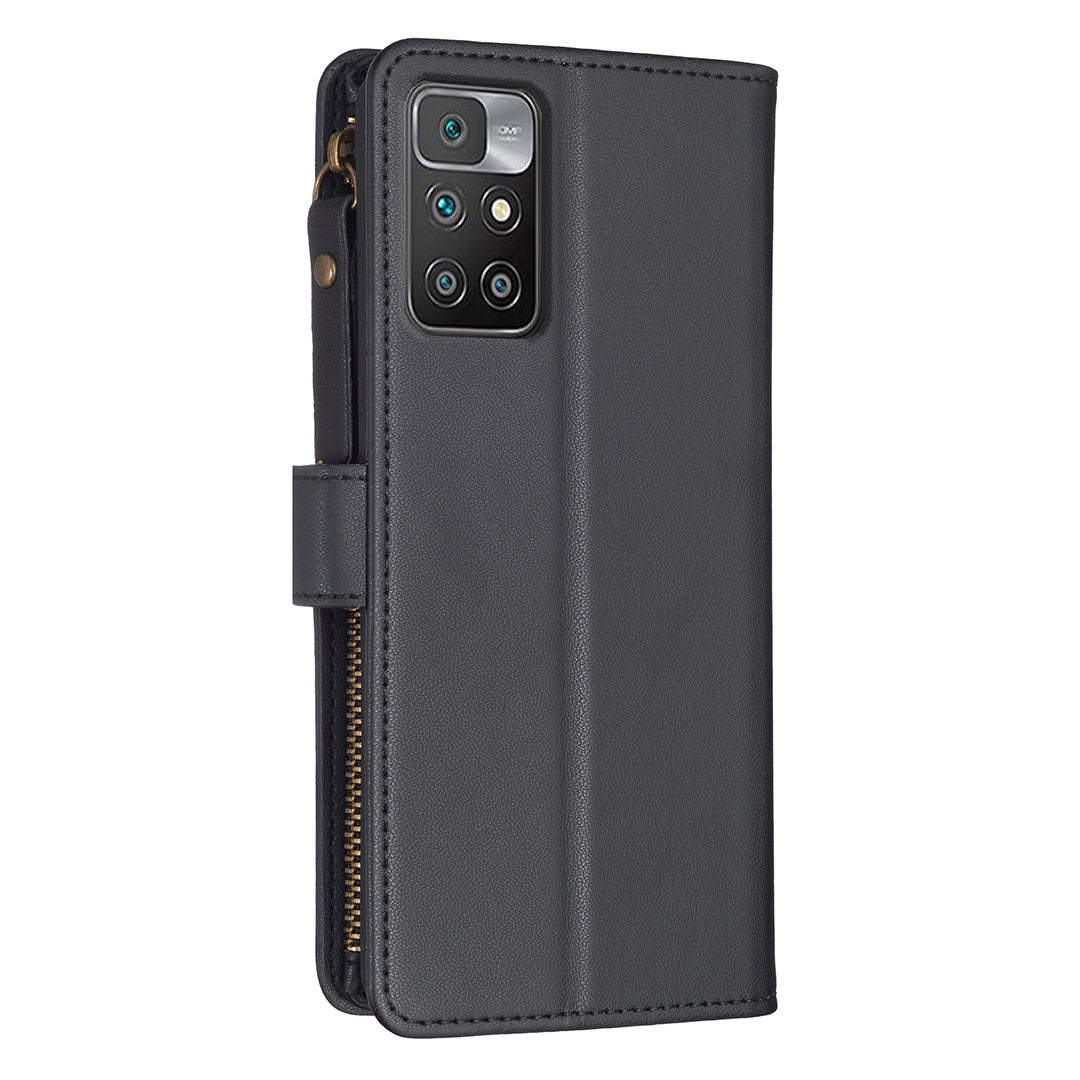 Xiaomi Redmi 10 Leather Flip Phone Case with Zipper Wallet and 9 Card Slots, Durable PU + TPU Material