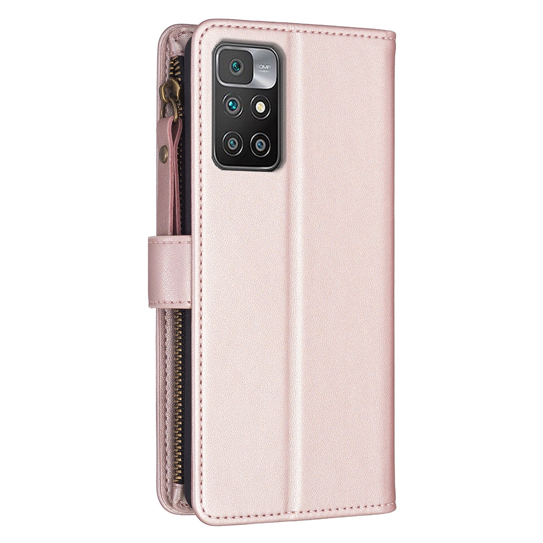 Xiaomi Redmi 10 Leather Flip Phone Case with Zipper Wallet and 9 Card Slots, Durable PU + TPU Material