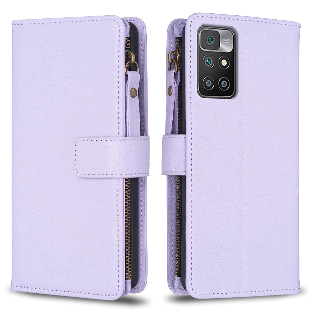 Xiaomi Redmi 10 Leather Flip Phone Case with Zipper Wallet and 9 Card Slots, Durable PU + TPU Material