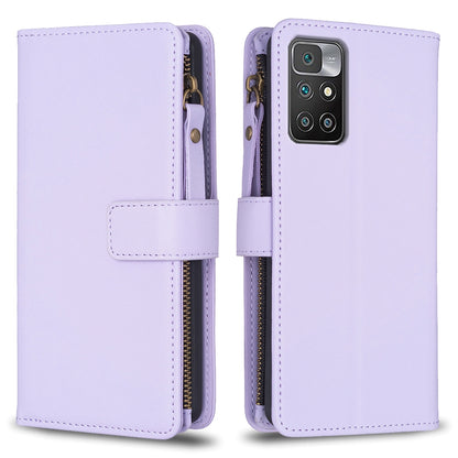 Xiaomi Redmi 10 Leather Flip Phone Case with Zipper Wallet and 9 Card Slots, Durable PU + TPU Material