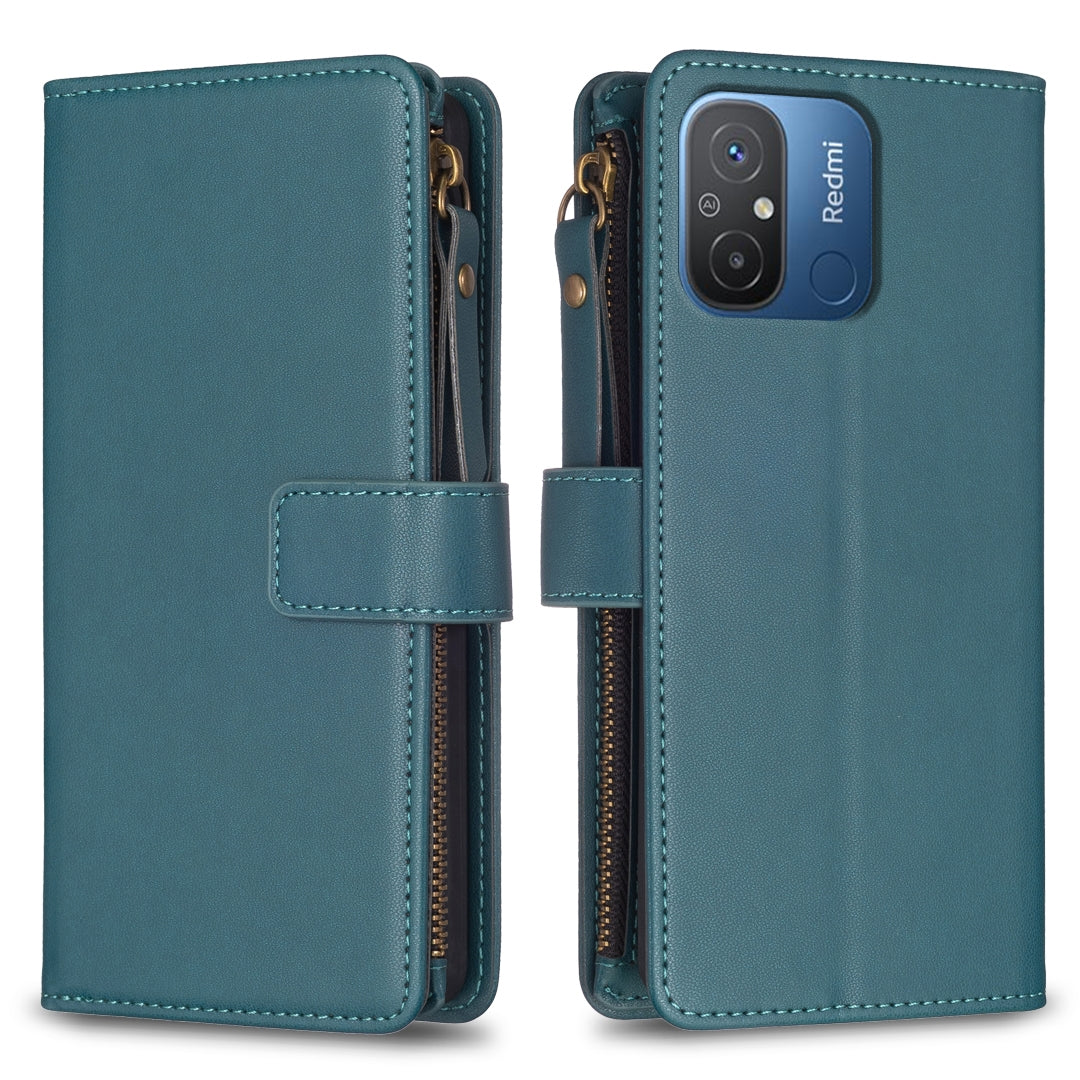 Xiaomi Redmi 12C Leather Flip Phone Case with Zipper Wallet and 9 Card Slots, Durable PU + TPU Material