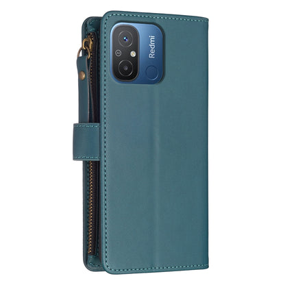 Xiaomi Redmi 12C Leather Flip Phone Case with Zipper Wallet and 9 Card Slots, Durable PU + TPU Material