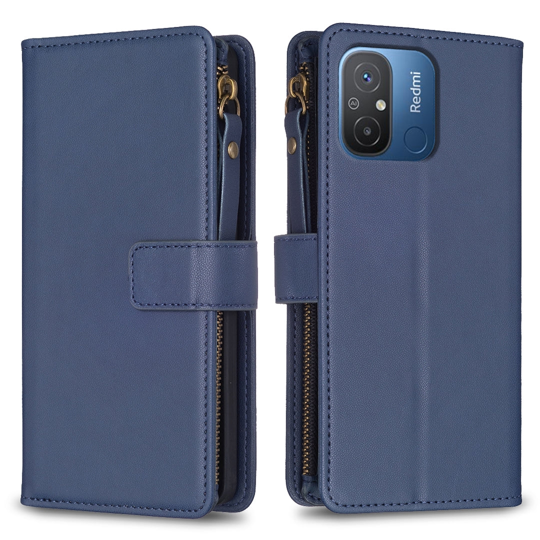 Xiaomi Redmi 12C Leather Flip Phone Case with Zipper Wallet and 9 Card Slots, Durable PU + TPU Material