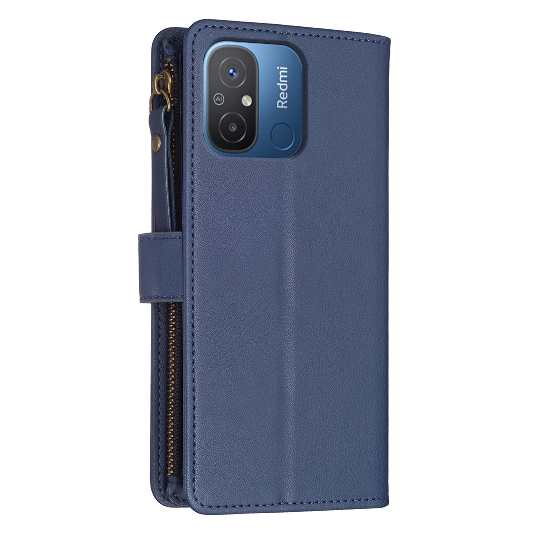 Xiaomi Redmi 12C Leather Flip Phone Case with Zipper Wallet and 9 Card Slots, Durable PU + TPU Material