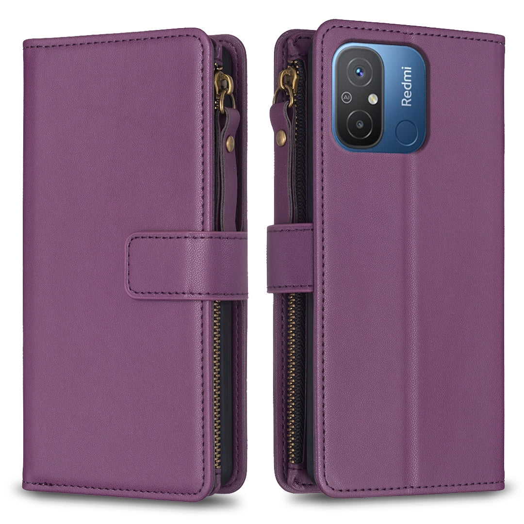 Xiaomi Redmi 12C Leather Flip Phone Case with Zipper Wallet and 9 Card Slots, Durable PU + TPU Material