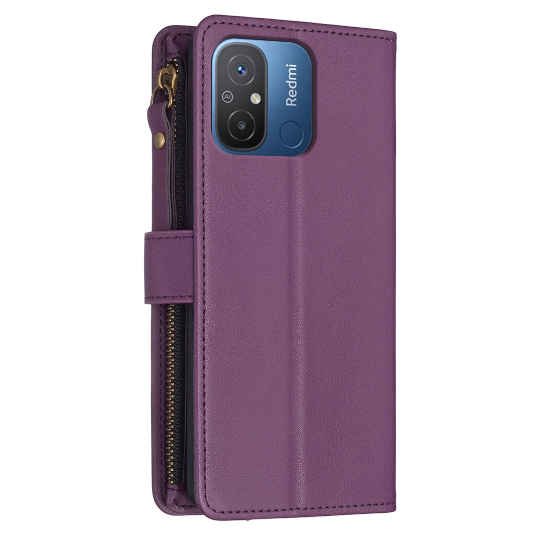 Xiaomi Redmi 12C Leather Flip Phone Case with Zipper Wallet and 9 Card Slots, Durable PU + TPU Material