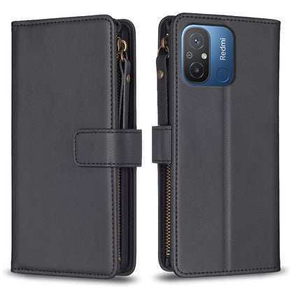 Xiaomi Redmi 12C Leather Flip Phone Case with Zipper Wallet and 9 Card Slots, Durable PU + TPU Material