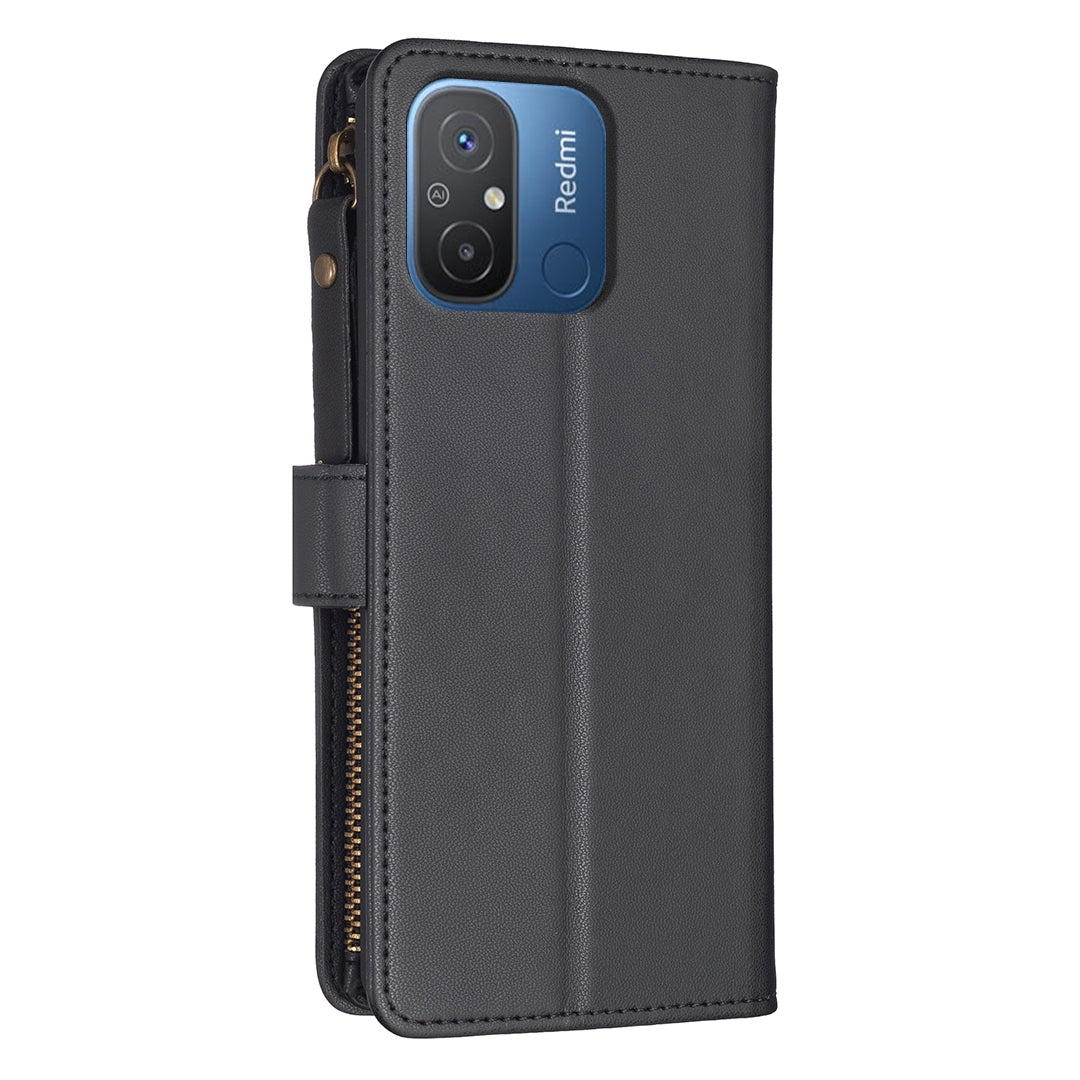 Xiaomi Redmi 12C Leather Flip Phone Case with Zipper Wallet and 9 Card Slots, Durable PU + TPU Material