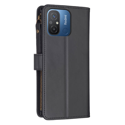 Xiaomi Redmi 12C Leather Flip Phone Case with Zipper Wallet and 9 Card Slots, Durable PU + TPU Material