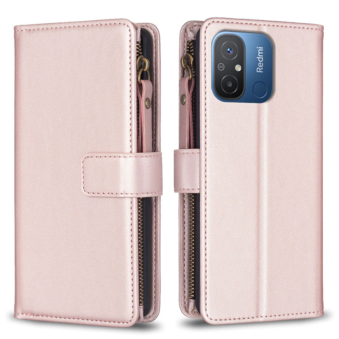 Xiaomi Redmi 12C Leather Flip Phone Case with Zipper Wallet and 9 Card Slots, Durable PU + TPU Material