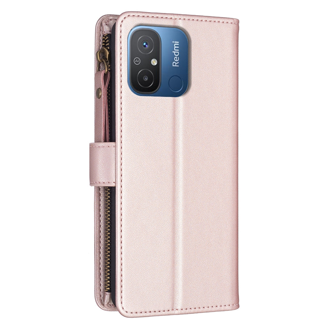 Xiaomi Redmi 12C Leather Flip Phone Case with Zipper Wallet and 9 Card Slots, Durable PU + TPU Material