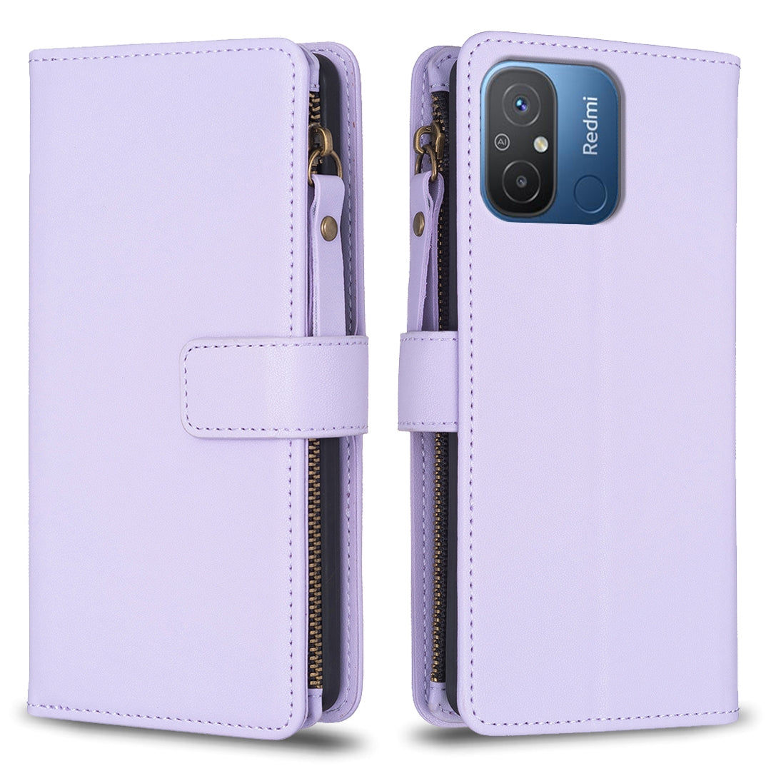 Xiaomi Redmi 12C Leather Flip Phone Case with Zipper Wallet and 9 Card Slots, Durable PU + TPU Material