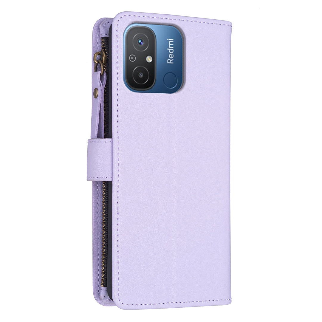 Xiaomi Redmi 12C Leather Flip Phone Case with Zipper Wallet and 9 Card Slots, Durable PU + TPU Material