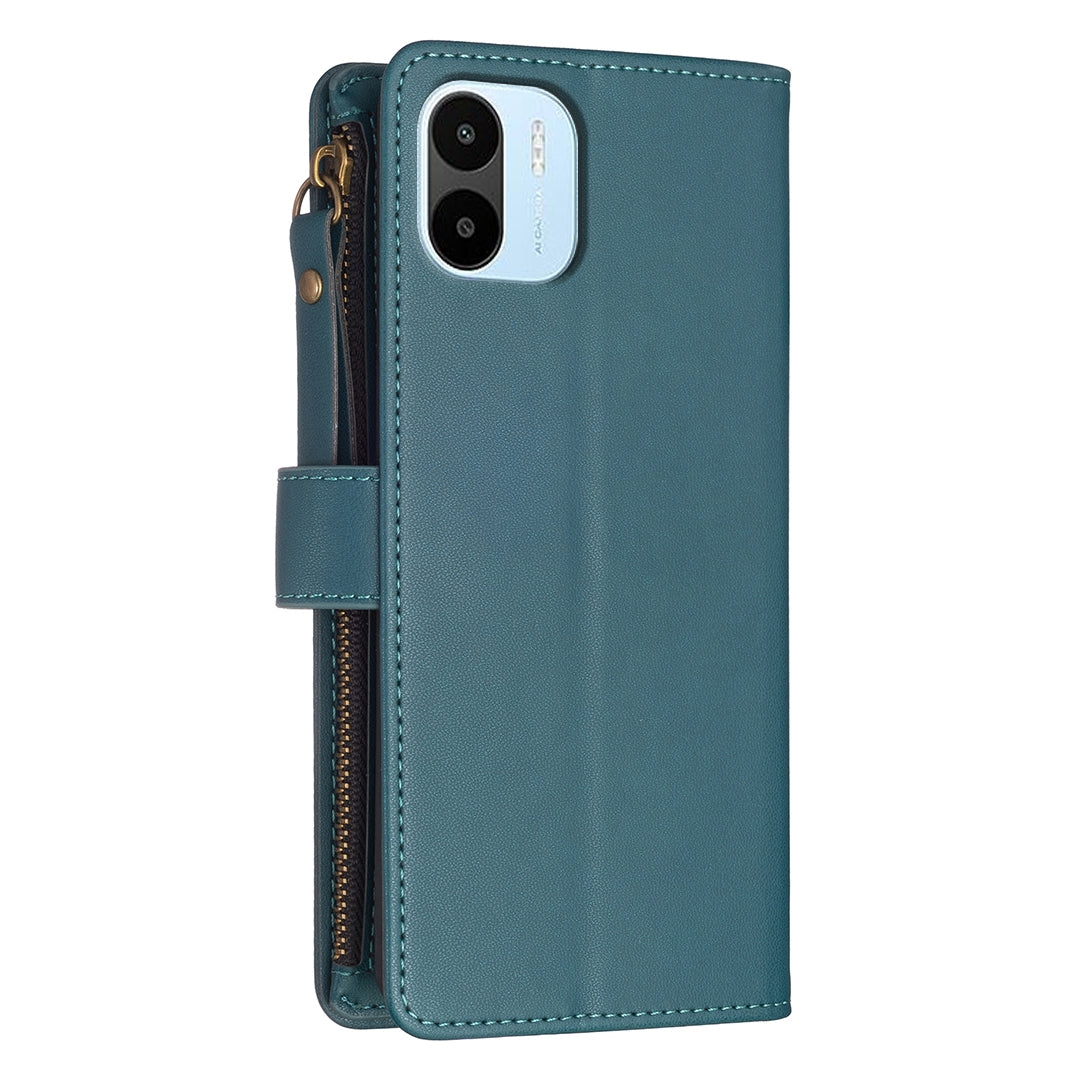 Xiaomi Redmi A1 Leather Flip Phone Case with Zipper Wallet and 9 Card Slots, Durable PU + TPU Material