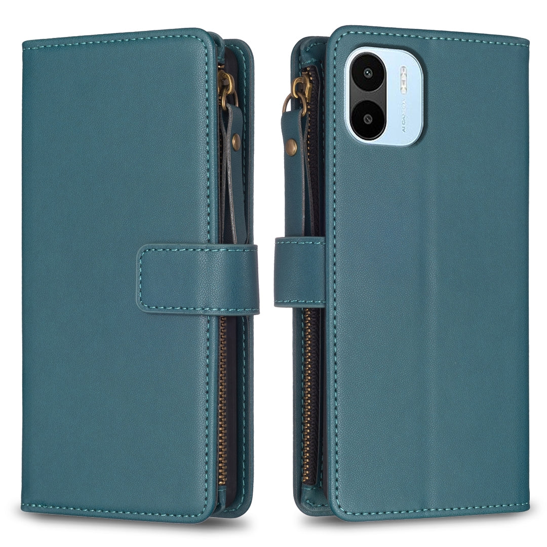 Xiaomi Redmi A2 Leather Flip Phone Case with Zipper Wallet and 9 Card Slots, Durable PU + TPU Material