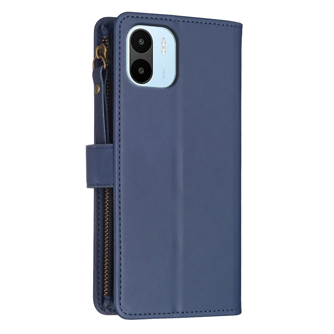 Xiaomi Redmi A1 Leather Flip Phone Case with Zipper Wallet and 9 Card Slots, Durable PU + TPU Material