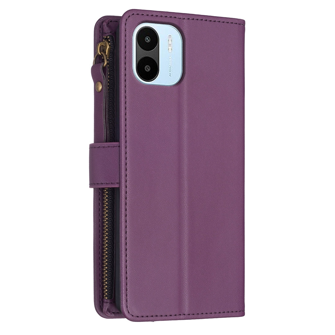 Xiaomi Redmi A1 Leather Flip Phone Case with Zipper Wallet and 9 Card Slots, Durable PU + TPU Material