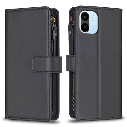 Xiaomi Redmi A1 Leather Flip Phone Case with Zipper Wallet and 9 Card Slots, Durable PU + TPU Material