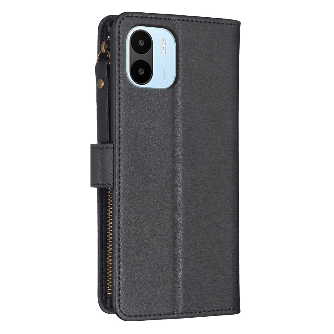 Xiaomi Redmi A1 Leather Flip Phone Case with Zipper Wallet and 9 Card Slots, Durable PU + TPU Material