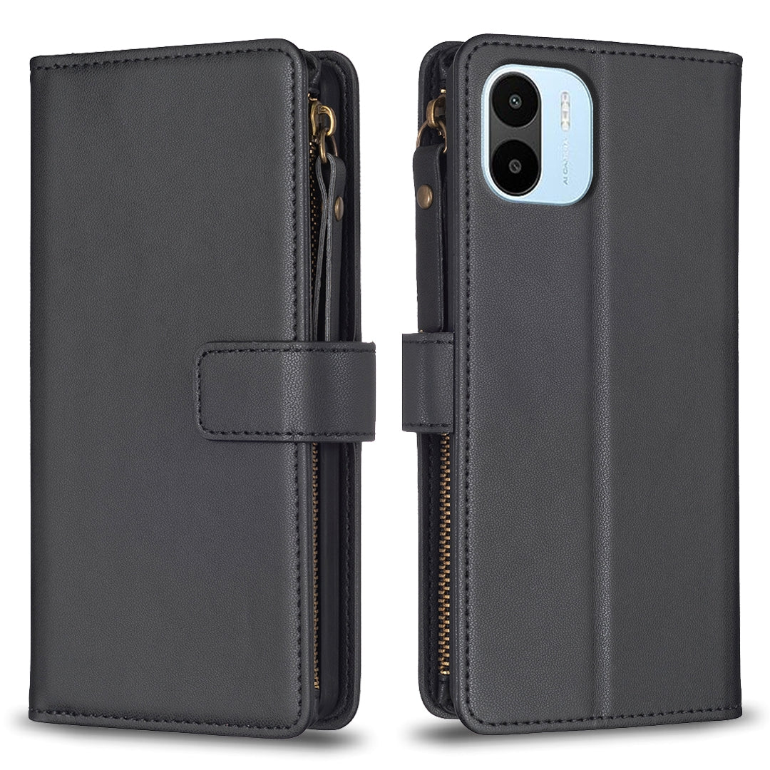 Xiaomi Redmi A2 Leather Flip Phone Case with Zipper Wallet and 9 Card Slots, Durable PU + TPU Material