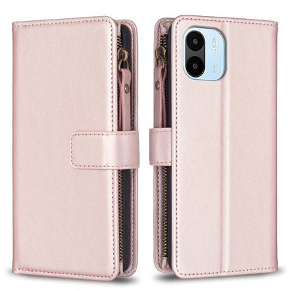 Xiaomi Redmi A1 Leather Flip Phone Case with Zipper Wallet and 9 Card Slots, Durable PU + TPU Material