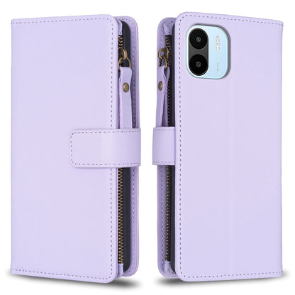 Xiaomi Redmi A1 Leather Flip Phone Case with Zipper Wallet and 9 Card Slots, Durable PU + TPU Material