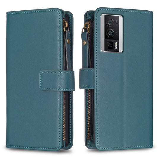 Xiaomi Redmi K60 Leather Flip Phone Case with Zipper Wallet and 9 Card Slots, Durable PU + TPU Material