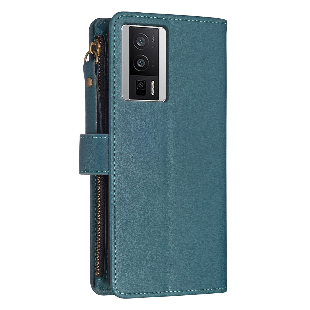 Xiaomi Redmi K60 Leather Flip Phone Case with Zipper Wallet and 9 Card Slots, Durable PU + TPU Material