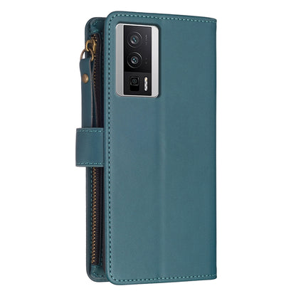 Xiaomi Redmi K60 Leather Flip Phone Case with Zipper Wallet and 9 Card Slots, Durable PU + TPU Material