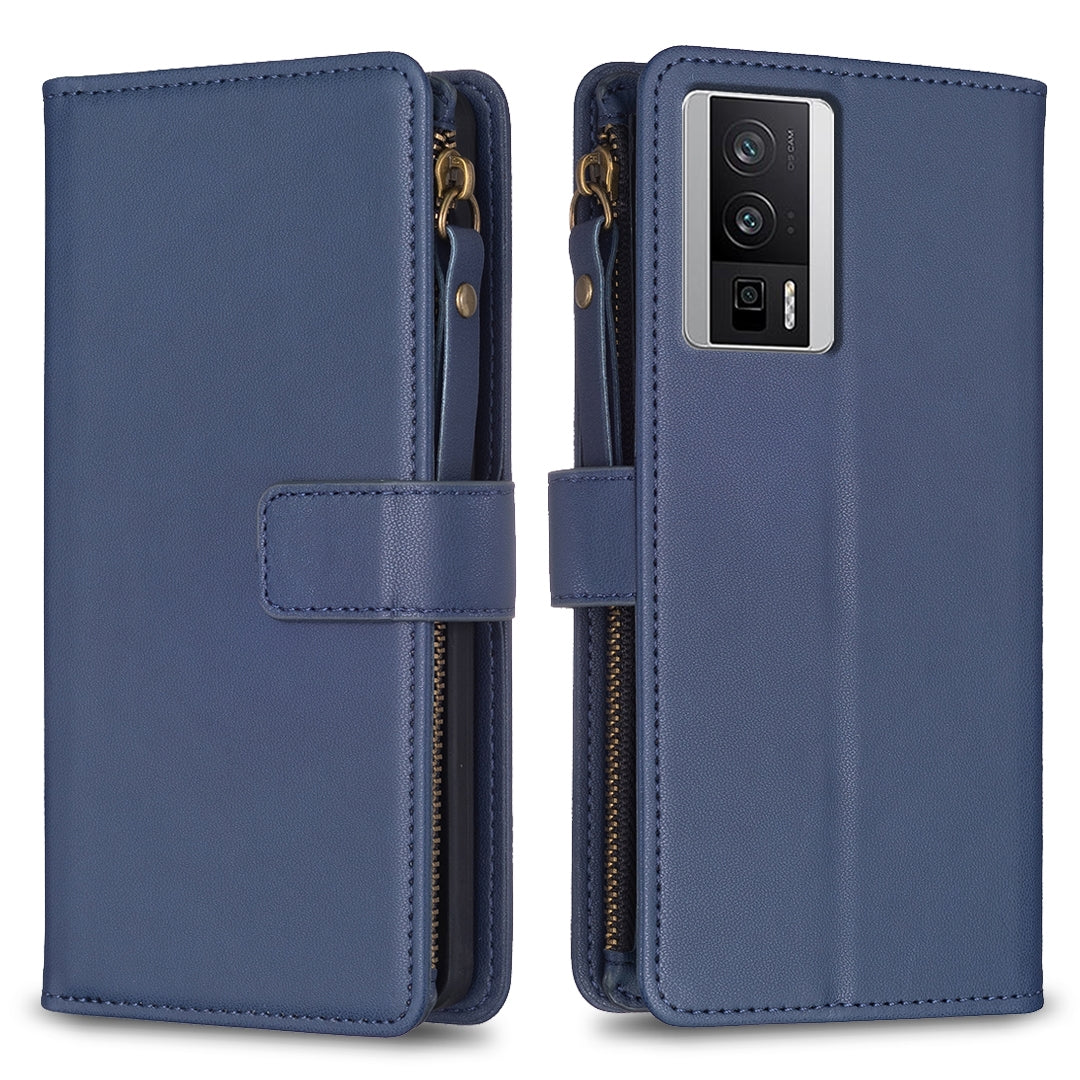 Xiaomi Redmi K60 Leather Flip Phone Case with Zipper Wallet and 9 Card Slots, Durable PU + TPU Material