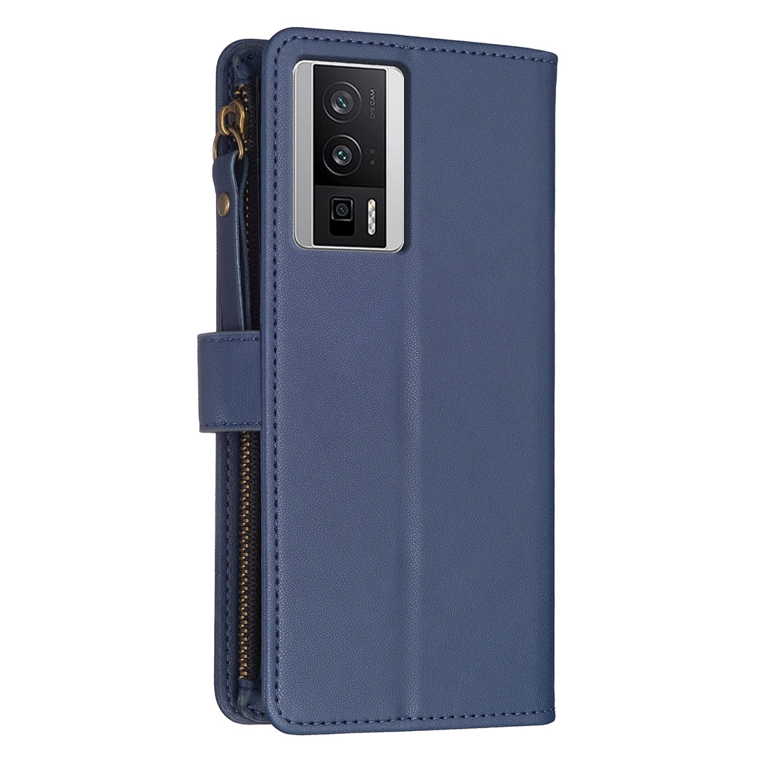 Xiaomi Redmi K60 Leather Flip Phone Case with Zipper Wallet and 9 Card Slots, Durable PU + TPU Material