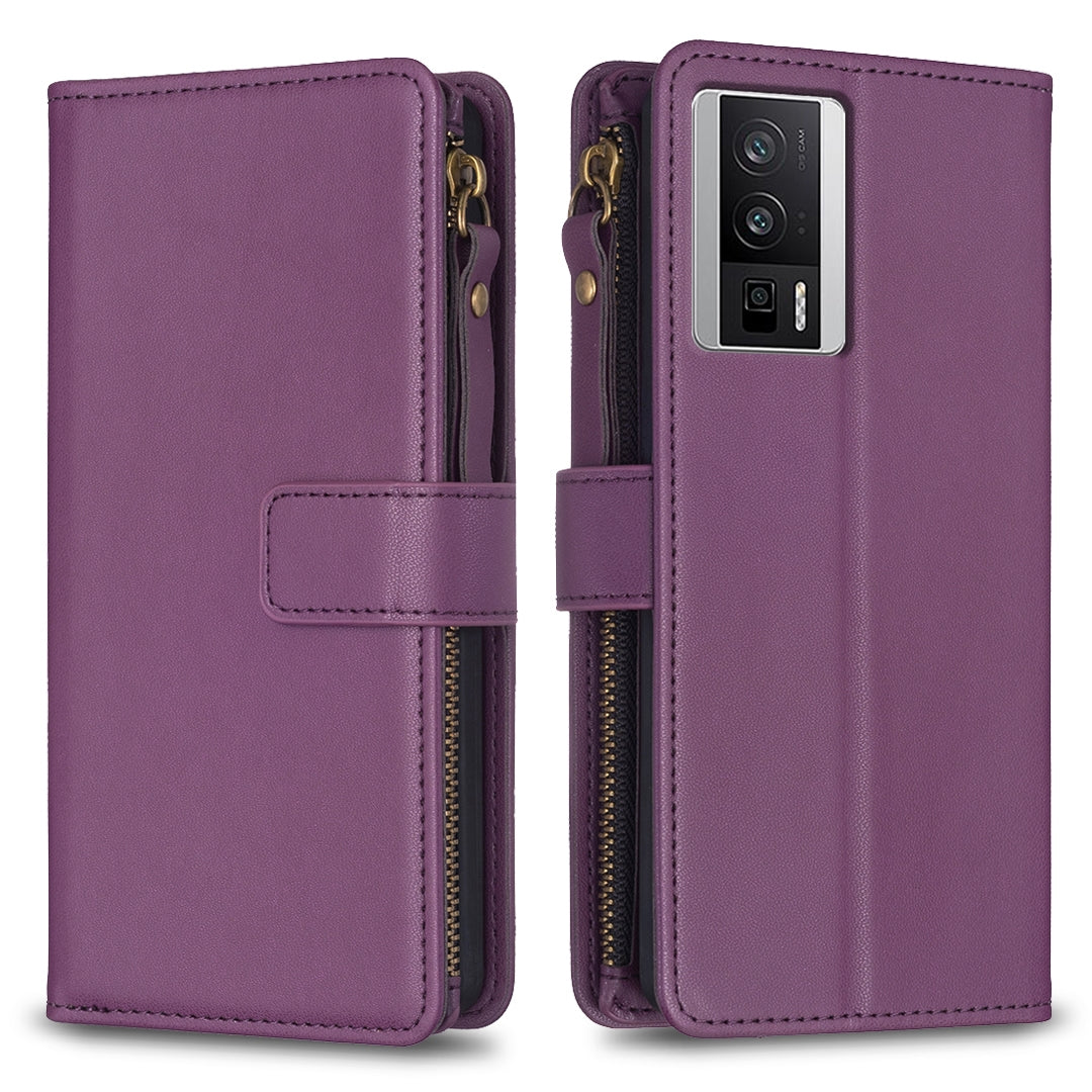 Xiaomi Redmi K60 Leather Flip Phone Case with Zipper Wallet and 9 Card Slots, Durable PU + TPU Material