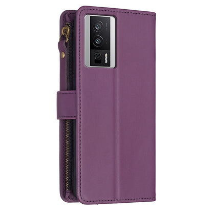 Xiaomi Redmi K60 Leather Flip Phone Case with Zipper Wallet and 9 Card Slots, Durable PU + TPU Material