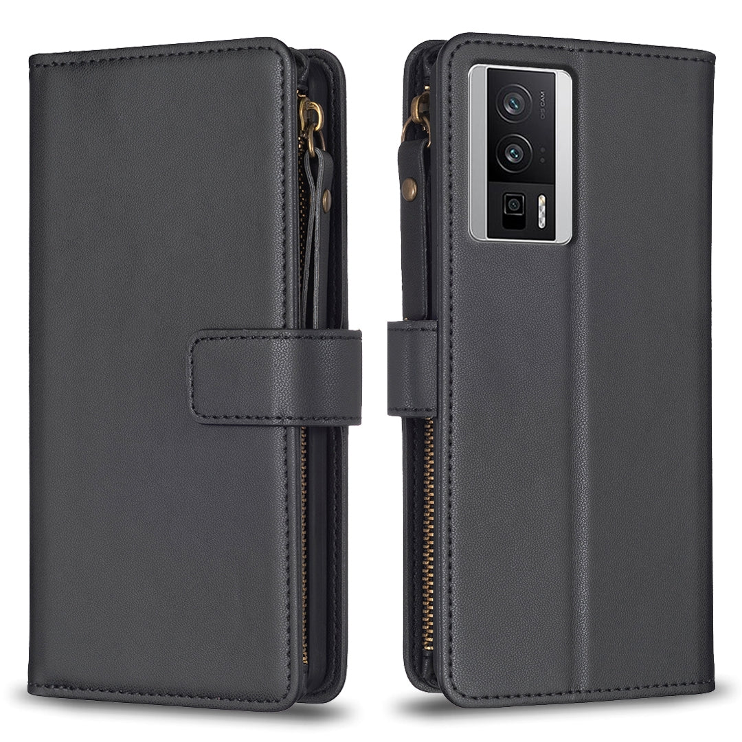 Xiaomi Redmi K60 Leather Flip Phone Case with Zipper Wallet and 9 Card Slots, Durable PU + TPU Material