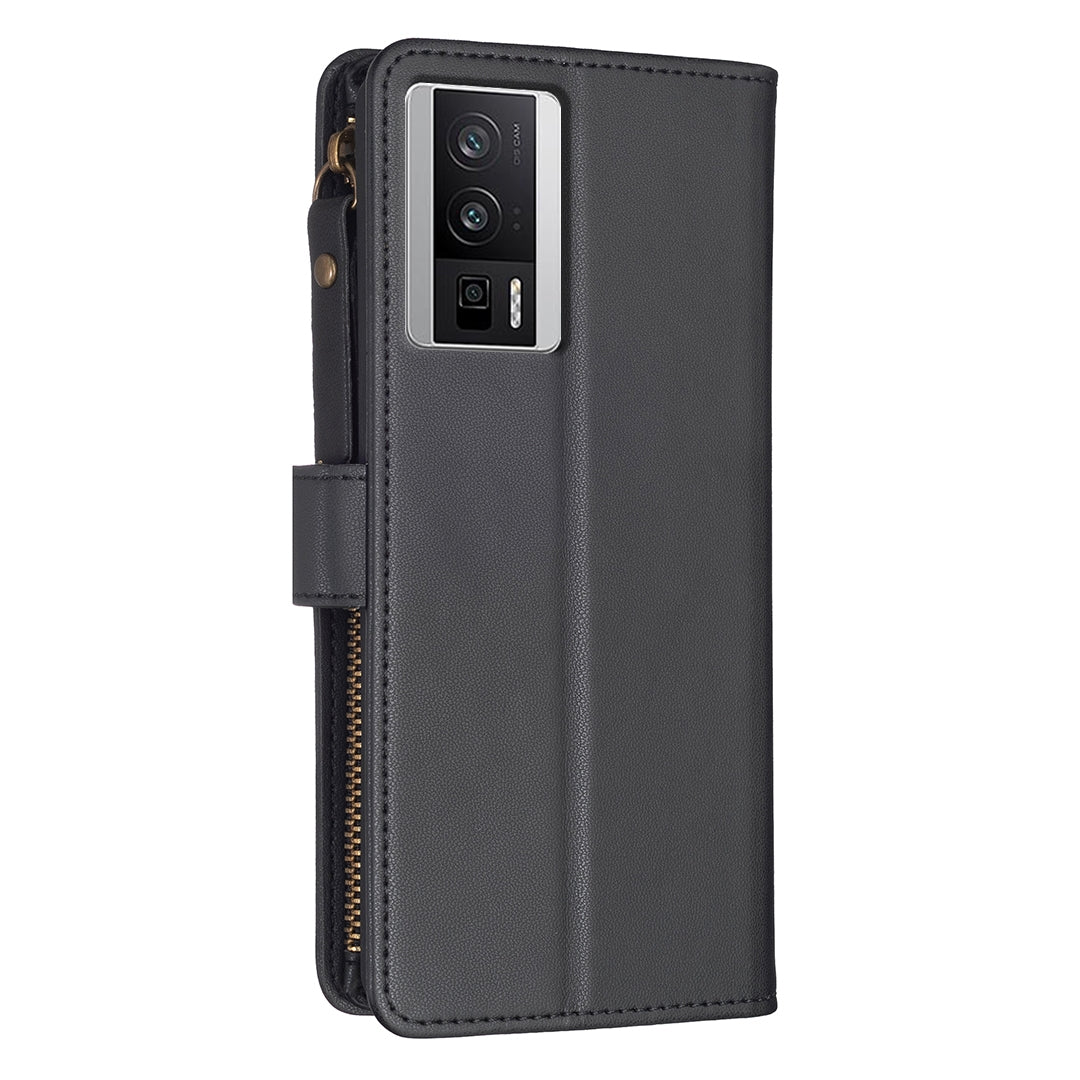 Xiaomi Redmi K60 Leather Flip Phone Case with Zipper Wallet and 9 Card Slots, Durable PU + TPU Material