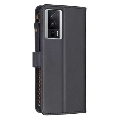 Xiaomi Redmi K60 Leather Flip Phone Case with Zipper Wallet and 9 Card Slots, Durable PU + TPU Material