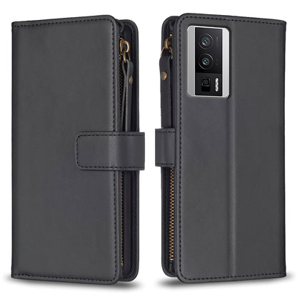 Xiaomi Redmi K60 Pro Leather Flip Phone Case with Zipper Wallet and 9 Card Slots, Durable PU + TPU Material