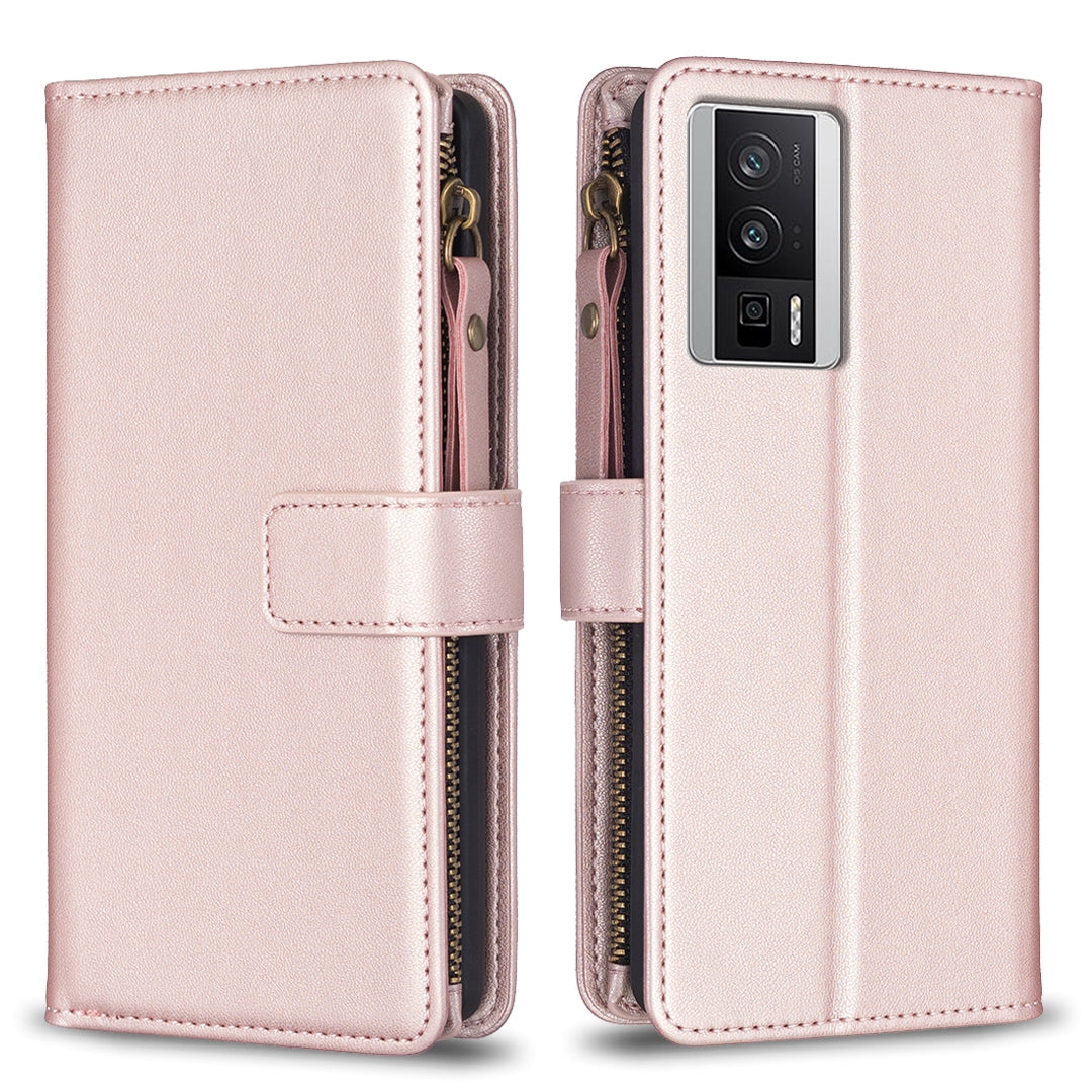 Xiaomi Redmi K60 Leather Flip Phone Case with Zipper Wallet and 9 Card Slots, Durable PU + TPU Material