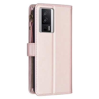 Xiaomi Redmi K60 Leather Flip Phone Case with Zipper Wallet and 9 Card Slots, Durable PU + TPU Material