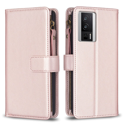 Xiaomi Redmi K60 Pro Leather Flip Phone Case with Zipper Wallet and 9 Card Slots, Durable PU + TPU Material