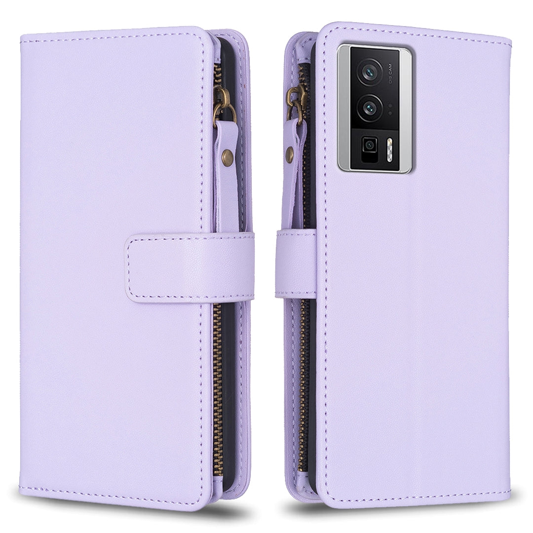 Xiaomi Redmi K60 Leather Flip Phone Case with Zipper Wallet and 9 Card Slots, Durable PU + TPU Material