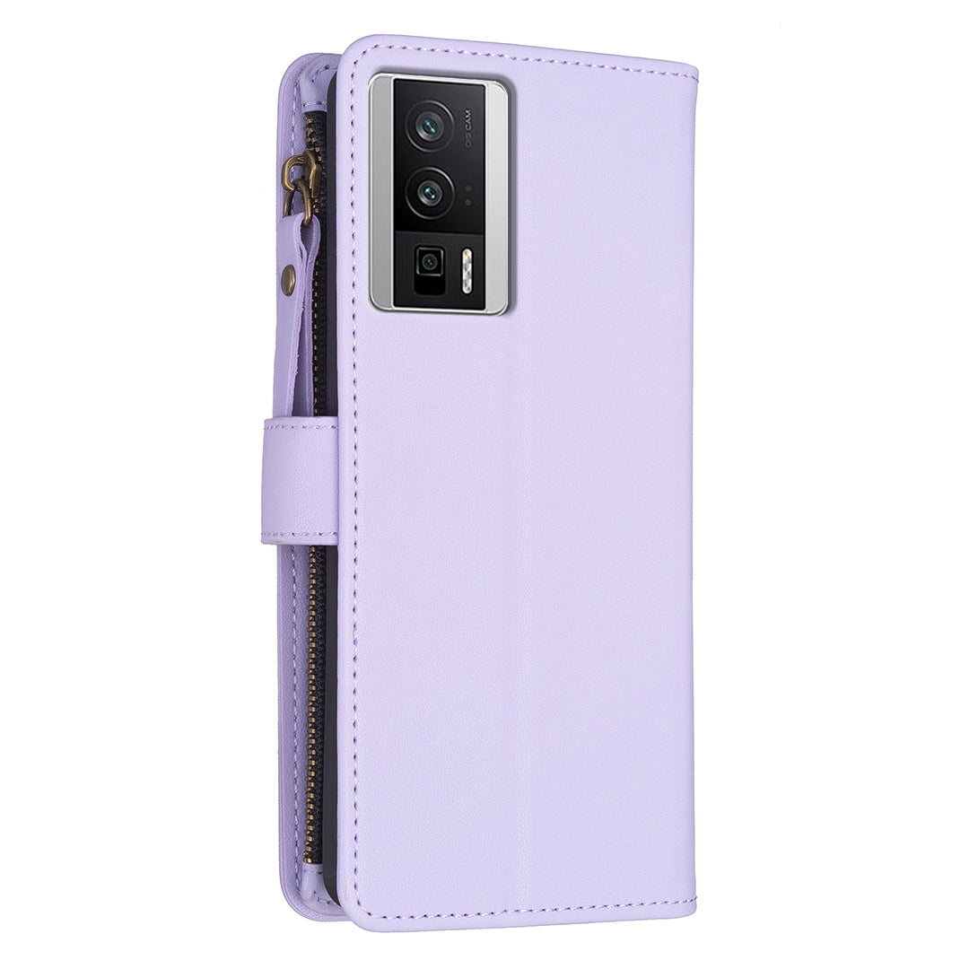 Xiaomi Redmi K60 Leather Flip Phone Case with Zipper Wallet and 9 Card Slots, Durable PU + TPU Material