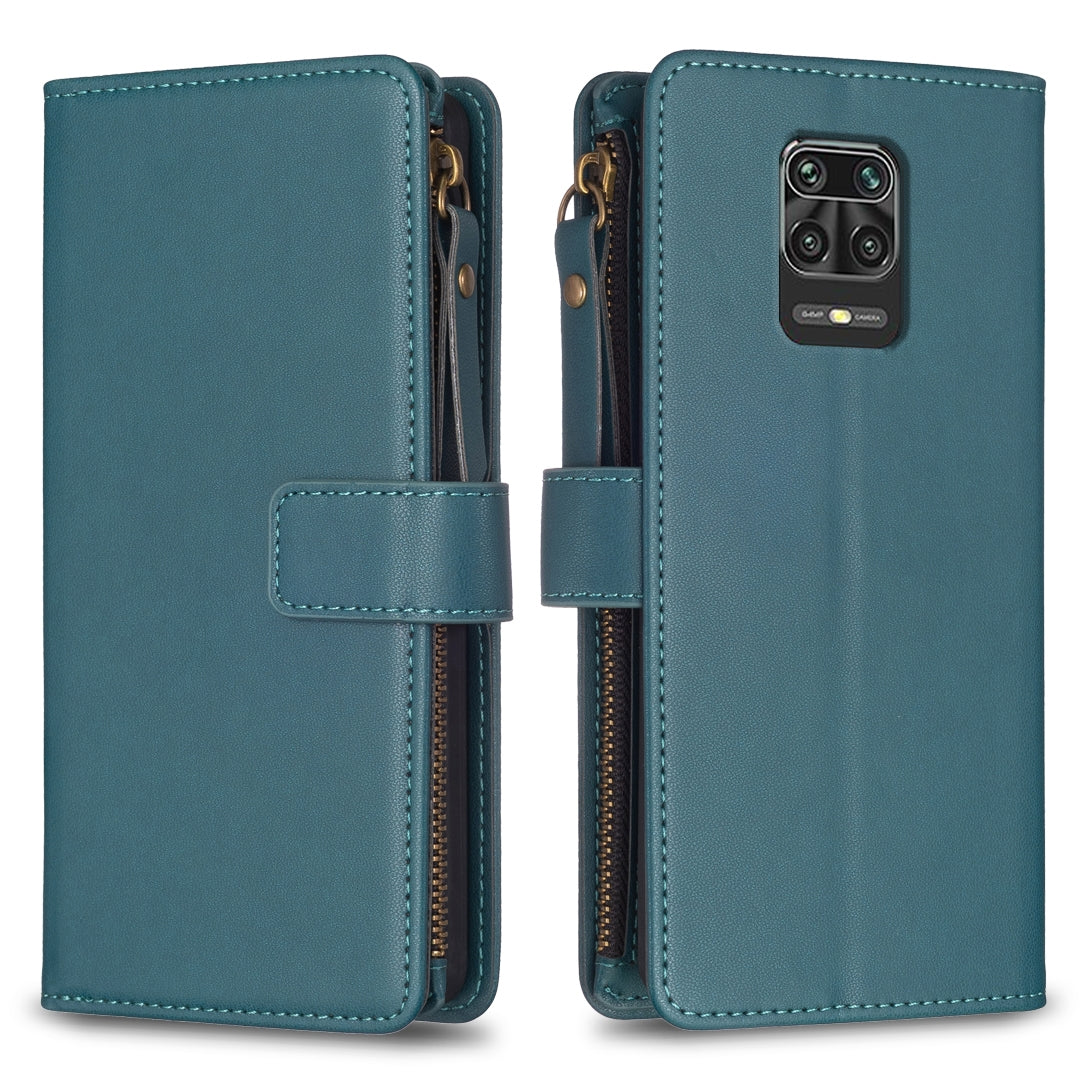 Xiaomi Redmi Note 9 Pro Max Leather Flip Phone Case with Zipper Wallet and 9 Card Slots, Durable PU + TPU Material