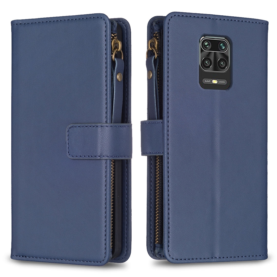 Xiaomi Redmi Note 9 Pro Max Leather Flip Phone Case with Zipper Wallet and 9 Card Slots, Durable PU + TPU Material