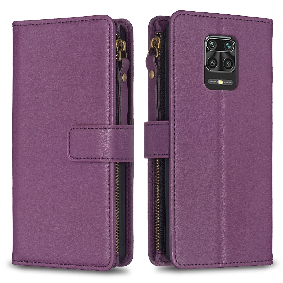 Xiaomi Redmi Note 9 Pro Max Leather Flip Phone Case with Zipper Wallet and 9 Card Slots, Durable PU + TPU Material