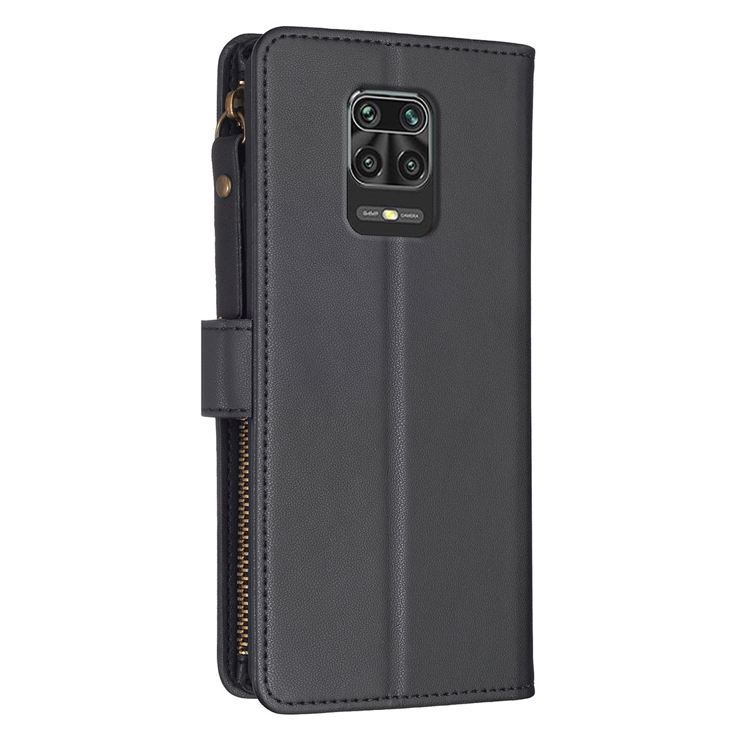 Xiaomi Redmi Note 9 Pro Max Leather Flip Phone Case with Zipper Wallet and 9 Card Slots, Durable PU + TPU Material