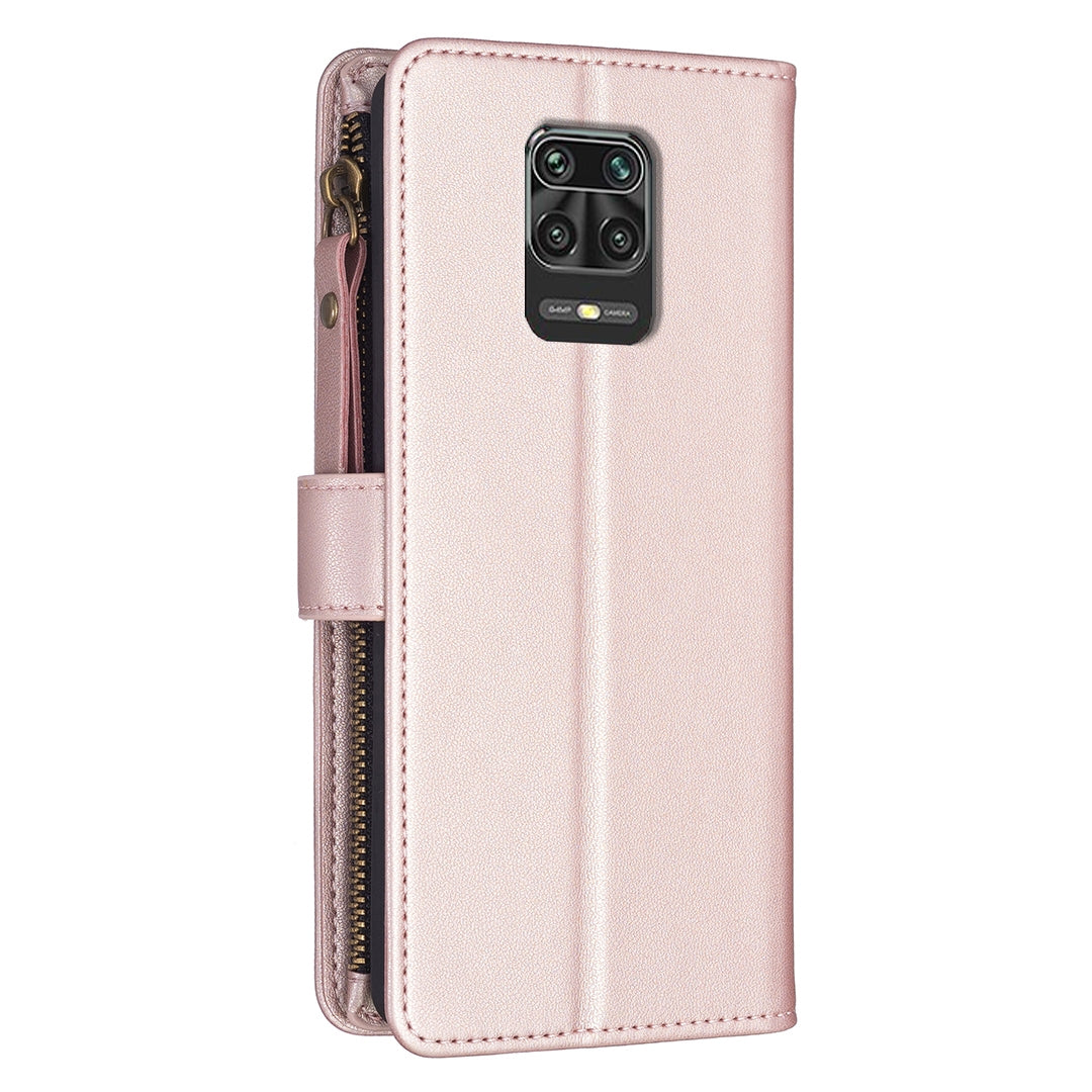 Xiaomi Redmi Note 9 Pro Max Leather Flip Phone Case with Zipper Wallet and 9 Card Slots, Durable PU + TPU Material