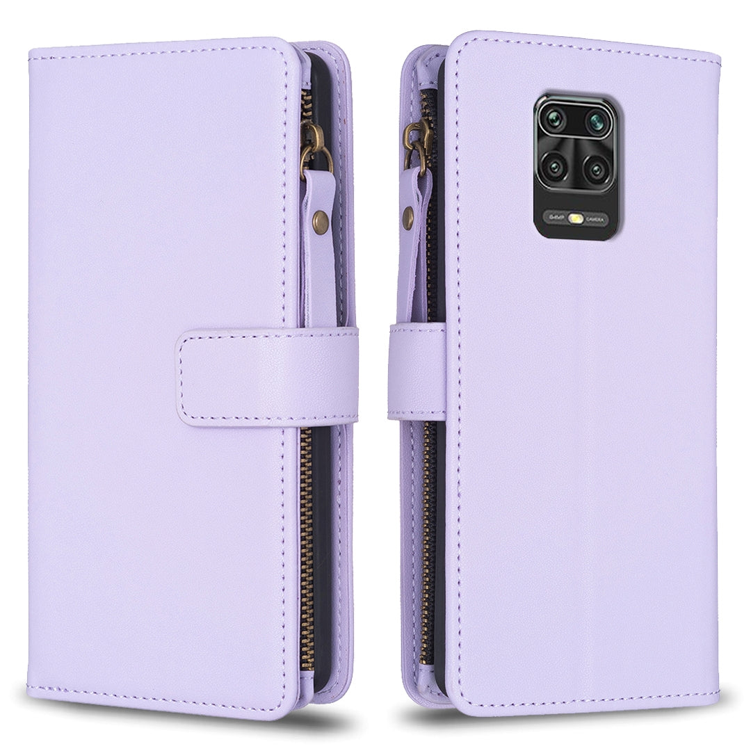 Xiaomi Redmi Note 9 Pro Max Leather Flip Phone Case with Zipper Wallet and 9 Card Slots, Durable PU + TPU Material