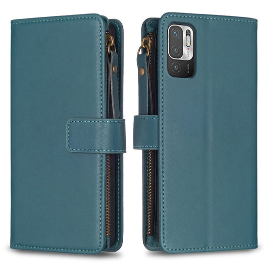 Xiaomi Redmi Note 10 5G Leather Flip Phone Case with Zipper Wallet and 9 Card Slots, Durable PU + TPU Material